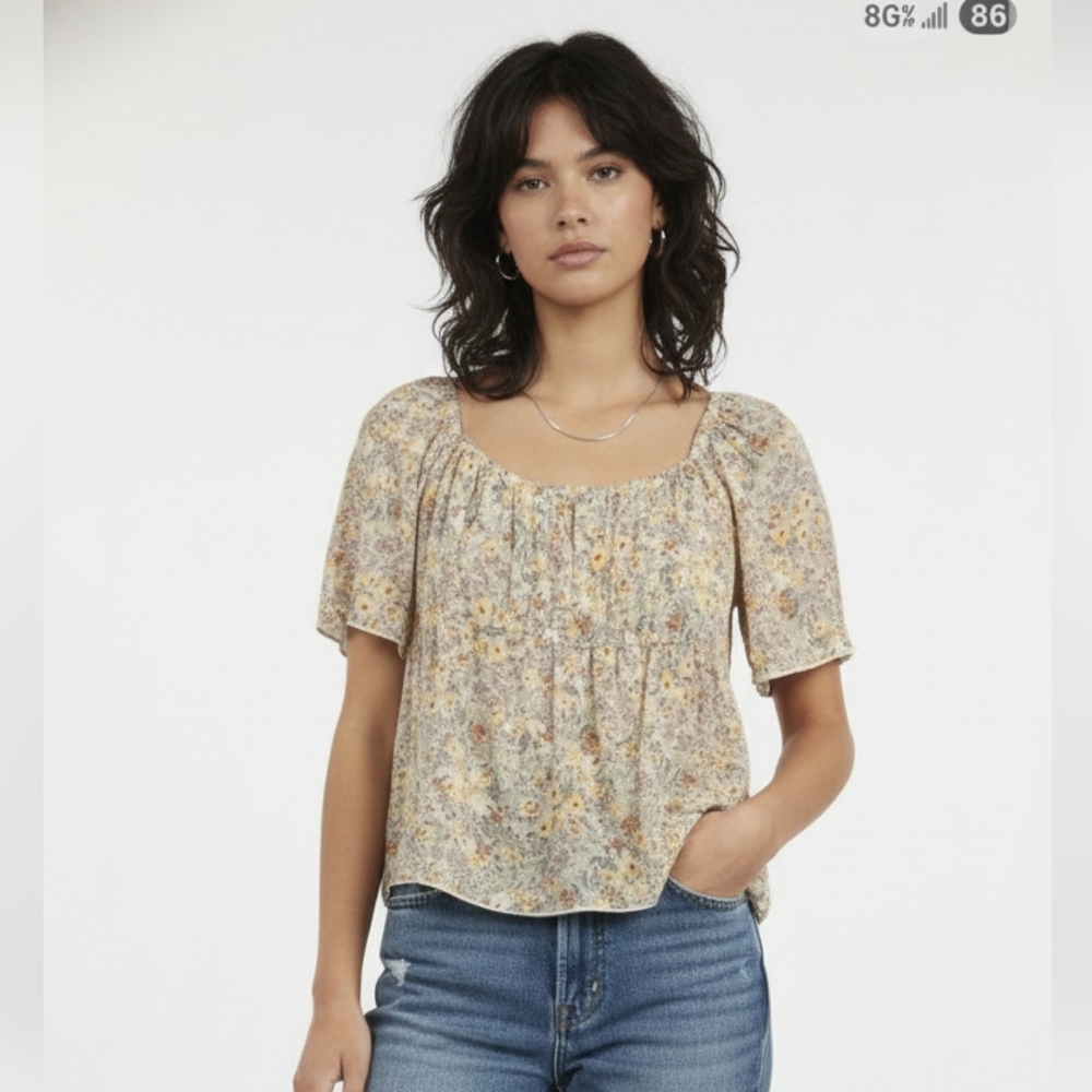 Urban Romantics Blouse Babydoll Floral Crop Peasant Boho Festival Yellow M